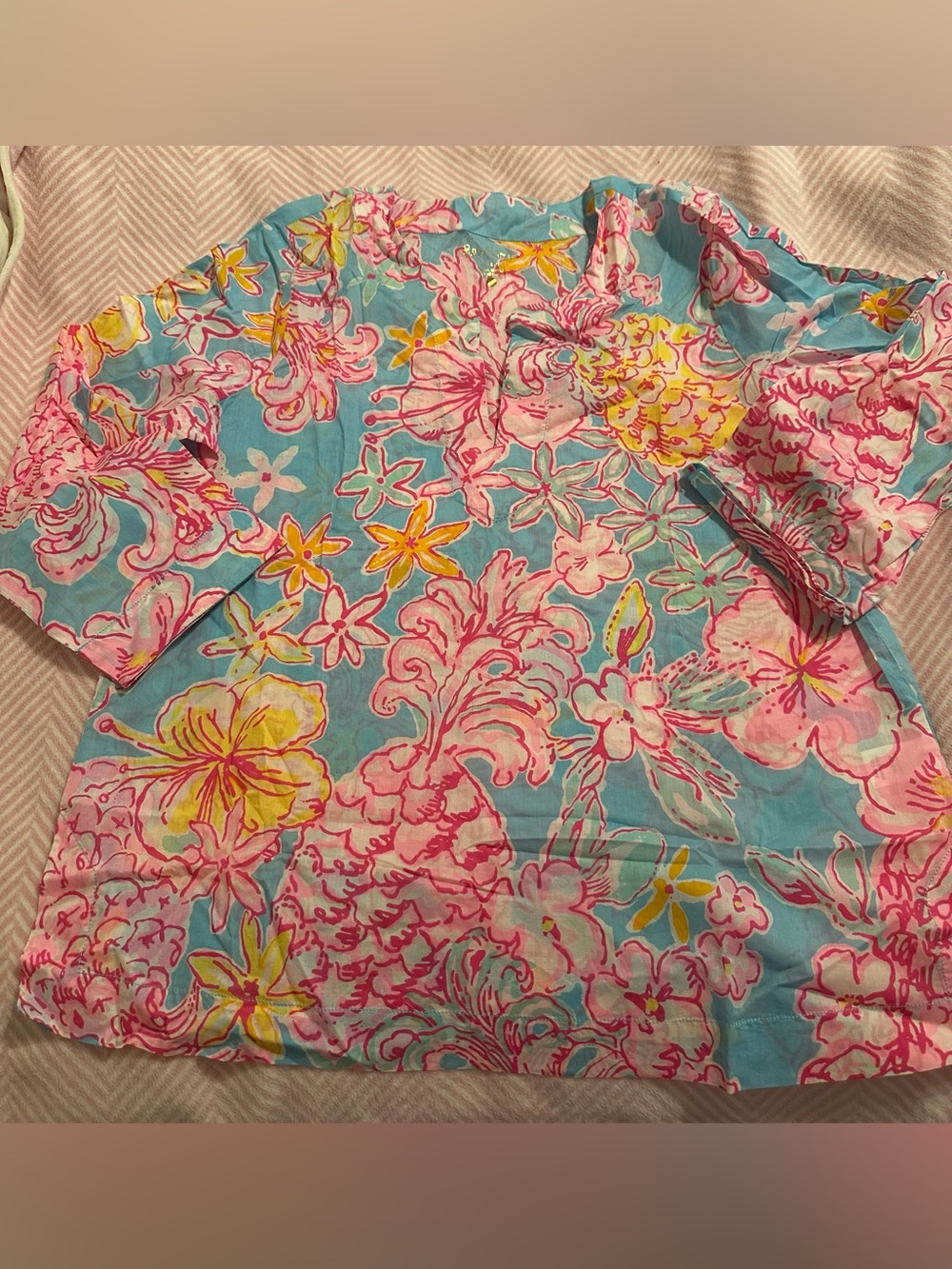 Blue Floral Short-Sleeve Top - Pink & Yellow Pattern